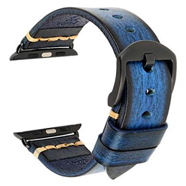 Imagem de REZERO Pulseiras para smartwatch compatíveis com Apple Watch, pulseiras de couro curtido vegetais, de substituição para iWatch séries 10/9/8/SE, 38/40/41/42/44/45/46/49 mm, azul, preto