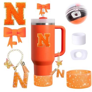 Imagem de Conjunto de 6 peças de acessórios de copo Stanley laranja adequado para Stanley Cup 850.5 g 1,134 g, incluindo tampa à prova de derramamento, bota de silicone brilhante, topo de palha em forma de