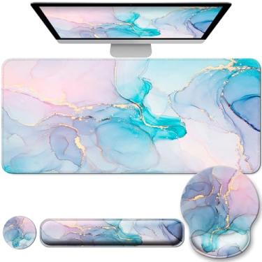 Imagem de Conjunto de descanso de pulso e mouse pad para teclado de mesa, tapete de mesa grande XXL capa fosca ergonômico com espuma de memória para mulheres, computador de mesa e escritório - mármore azul