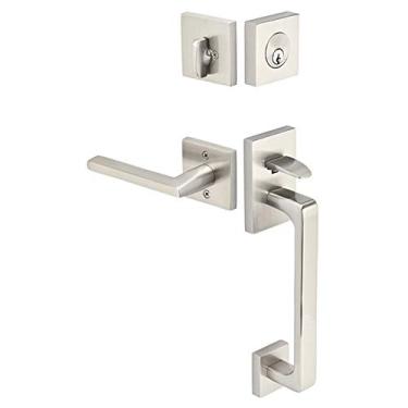 Imagem de Emtek 4820 – Alça moderna de cilindro único Baden com alavanca Helios, acabamento em latão acetinado, Right Handed, Satin Nickel