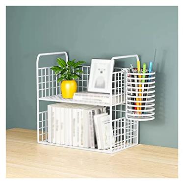 Imagem de Suporte de livro organizador de mesa de mesa estante de livros durável de malha de aço organizador de mesa de construção 2 camadas rack de armazenamento de mesa de escritório material de escritório
