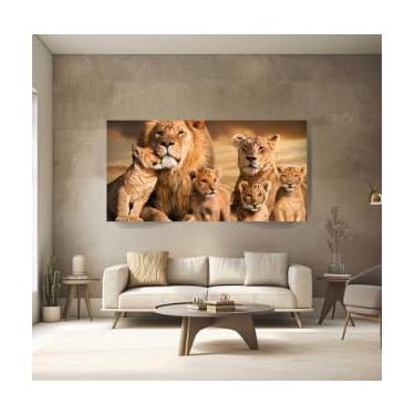 Imagem de Quadro Decorativo 90x60 Leão Família 4 Filhotes Sala Hall Quarto Canvas
