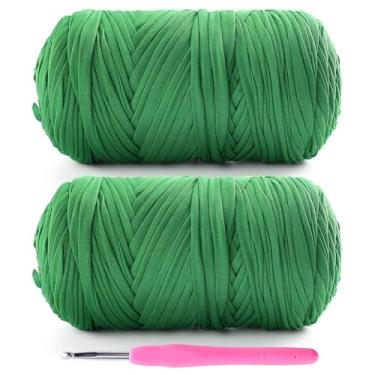 Imagem de Pacote com 2 fios de camiseta para crochê - 800 g/260 m para sacos de crochê/cestas/decoração de casa - fio de camiseta de tecido elástico macio com 1 agulha de crochê (2, verde grama)