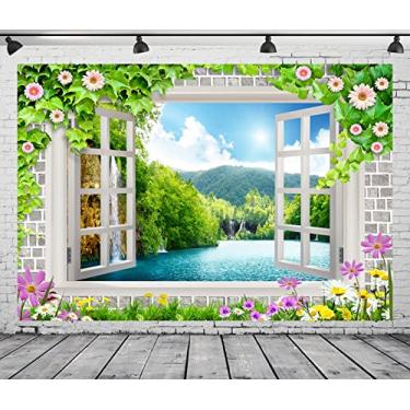 Imagem de CORFOTO Tela de 3 x 2,4 m Vista da janela montanhas pano de fundo flores janela natureza cachoeira cenário fotografia fundo para crianças chá de bebê decoração de festa de aniversário quarto decoração