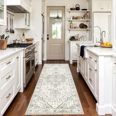 Imagem de Deerly Tapetes Runner – Tapetes de cozinha laváveis de 6 x 18 cm com suporte antiderrapante, tapetes que não caem para corredores, tapete longo vintage para cozinha (creme de pedra/verde)