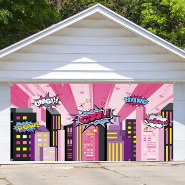 Imagem de Capa de porta de garagem super cidade desenho animado decoração pano de fundo 2,1 x 4,9 m horizonte grande edifícios porta de garagem rosa pano de fundo urbano decoração de porta de garagem super
