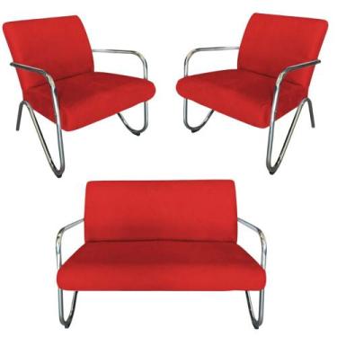 Imagem de Kit Namoradeira + 2 Poltronas Decorativa Bela Suede Vermelho Braço Cro