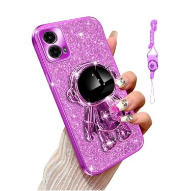 Imagem de Capa de celular brilhante astronauta para Motorola Moto G 5G 2024 - Capa brilhante com glitter para mulheres e meninas com suporte oculto 6D, amortecedor galvanizado brilhante, capa protetora de TPU