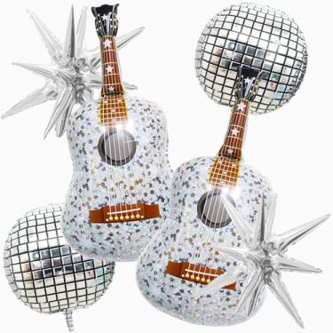 Imagem de Guitar Balloon Silver Exploding Star Balloon 4D Disco Balloons for birthday wedding Valentine's Day Music fan party decorations 6pcs