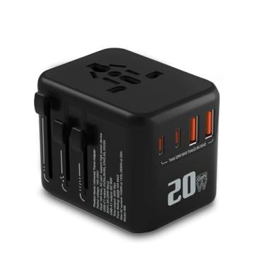 Imagem de Adaptador Universal de Tomada com 20W PD Carregamento Rápido, 2 USB-C + 2 USB-A, Proteção para Crianças, AUS Euro US UK, ABS+PC, Bivolt 110-240V, Preto - Ideal para Viagens Internacionais