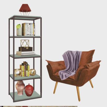 Imagem de Kit Poltrona Fatte com Manta Soft Lilás e Estante Livreiro Ferro Marrom mdf Verde Oliva Suede Terracota - Ahazzo Móveis