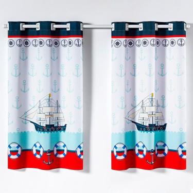 Imagem de Cortina Kids Infantil Varão Tecido Oxford 2,00M X 1,30M - Barco Pirata Marinheiro Azul
