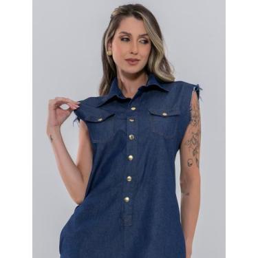 Imagem de Vestido Feminino Jeans Chemise regata soltinho com botões e bolso moda