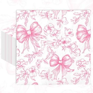 Imagem de FYSUIMU Guardanapo de papel floral com laço rosa, 50 peças, dia das mães, flor, laço, almoço, guardanapo descartável, bebida, jantar, sobremesa, toalha de mão para casamento, despedida de solteira