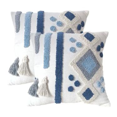 Imagem de Andreannie Pacote com 2 capas de almofada Boho Tufting bordadas texturizadas com borlas macias para decoração de casa para sofá 45,7 x 45,7 cm (azul boêmio)