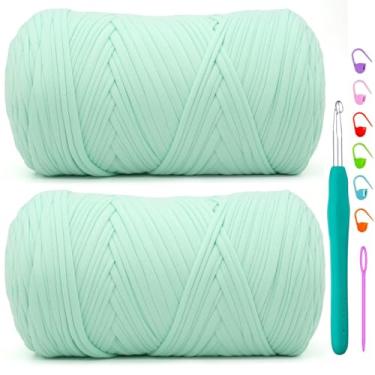 Imagem de Pacote com 2 camisetas de crochê, verde menta, tecido elástico macio, grosso, fio de crochê para crochê, tricô iniciante, bolsa de tricô artesanal/decoração de casa 2 x 400G verde menta