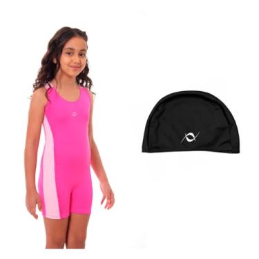 Imagem de Kit Maiô Perninha Infantil Juvenil Proteção Touca de Tecido Infantil (Pink/Rosa - Touca Preto, 08)