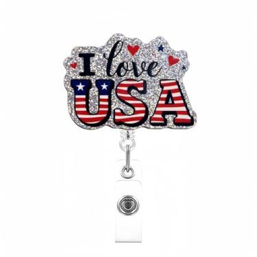 Imagem de Carretel de crachá de 4 de julho | Porta-crachá retrátil "I Love USA", crachá de coração engraçado com clipe jacaré, crachá acrílico com glitter para enfermeira médica, enfermeira, estudante