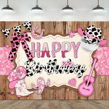 Imagem de Omifly Pano de fundo de aniversário de vaqueira ocidental, 17 x 14 cm A, decoração de festa, botas de rodeio rústicas, laço rosa, estampa de vaca, fundo do oeste selvagem, faixa de feliz aniversário