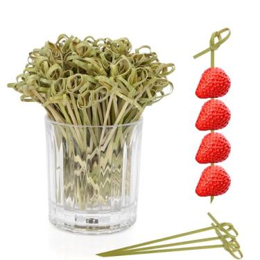 Imagem de Palitos de coquetel, 100 palitos de dente para aperitivos, espetos de bambu de 12 cm, espetos de bambu para aperitivos, palitos de nó de bambu, palitos de comida com nó em laço para festa de formatura