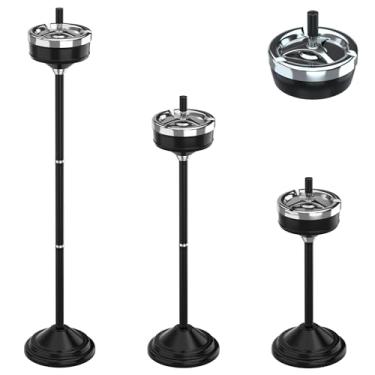 Imagem de RELIANCER Cinzeiro de chão com tampa giratória, bandeja de cinzas de cigarro ajustável de 40,6 a 80 cm, recipiente para charutos de aço inoxidável externo com base pesada, descarte de receptáculo de
