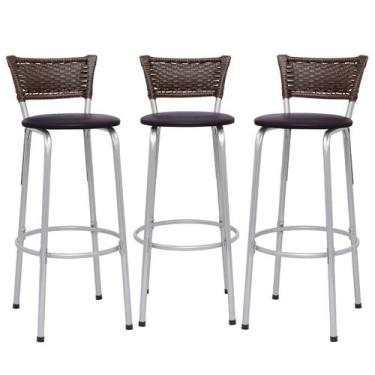 Imagem de Kit 3 Cadeiras Alta 70cm Encosto Junco Argila Cozinha Varanda Estrutur