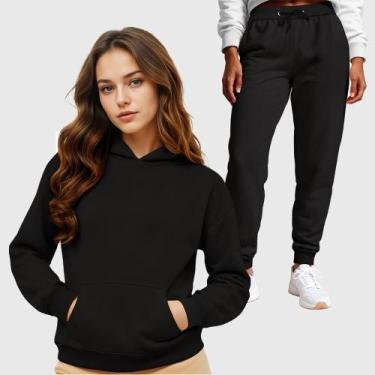 Imagem de Conjunto Moletom Blusa Canguru + Calça Feminina Lisa - Samcro Vestuári