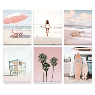 Imagem de Arte de parede de pôster costeiro sem moldura: impressão de praia à beira-mar decoração oceano litoral relaxante palmeira tropical guarda-chuva de areia skate van torre de água fotos temáticas para