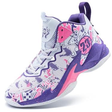 Imagem de Tênis de basquete masculino de cano alto com suporte de amortecimento de malha respirável e sola antiderrapante(Purple-pink,37 BR)