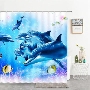 Imagem de Cortinas de chuveiro Ocean Dolphin Sea World Animal Tecido impermeável Cortina de chuveiro para banheiro Tamanho grande 240X180 Tela, 3746W,W90xH180cm