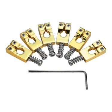 Imagem de OVSAL Pacote com 6 selas de ponte para guitarra elétrica de 10,5 mm de latão Tremolo Bridge Saddles compatíveis com peças de reposição para guitarra Fender Strat Telecaster Tele 6 cordas (douradas)
