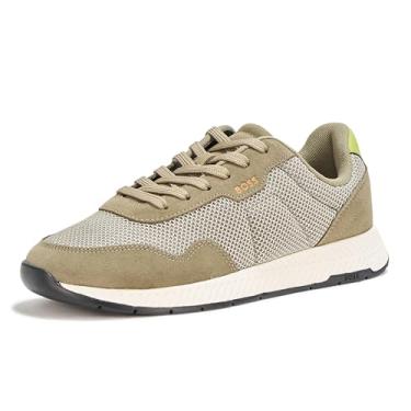 Imagem de BOSS Tênis masculino de cano baixo misto de couro, Musgo de jardim, lua, cinza claro, 40
