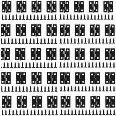 Imagem de Mini dobradiças pretas pequenas dobradiças de bumbum 50 peças dobradiças dobráveis de ferro com 200 parafusos para caixa de madeira, caixa de joias, armários, portas, casa de bonecas, porta-retratos