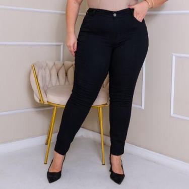 Imagem de Calça Skinny Plus Size preta jeans cintura alta com lycra e bolso na f