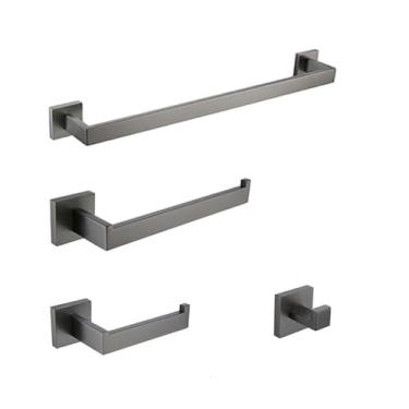 Imagem de Conjunto de banheiro de aço inoxidável cinza - Toalheiro com suporte para papel higiênico - Acessórios de ferragens, 60 cm, 1 barra, kit com 4 peças