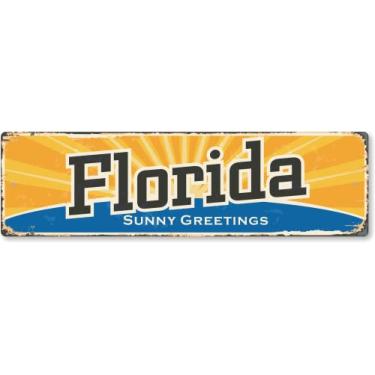 Imagem de SmartSign Placa de metal vintage do estado da Flórida de 10 x 35,5 cm "Sunny Greetings", alumínio à prova de ferrugem de 40 mil com sobretudo transparente, decoração de parede retrô, multicolorido