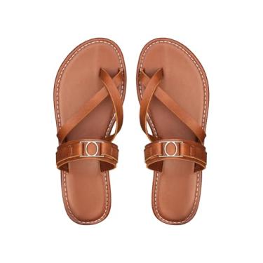 Imagem de GORGLITTER Sandálias rasteiras femininas verão praia 2025 fivela de metal cruzadas tiras tiras anel, Marrom ferrugem, 36