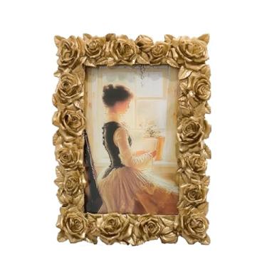 Imagem de LONG XIN SERIES 1 porta-retrato vintage dourado 9 x 14 cm, folha de vidro rosa, moldura frontal de resina, para pendurar na parede de mesa (dourado)