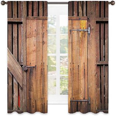 Imagem de Cortinas blackout de porta de celeiro de madeira para quarto - isolamento térmico, economia de energia e redução de ruído, L 106 x C 150 cm marrom