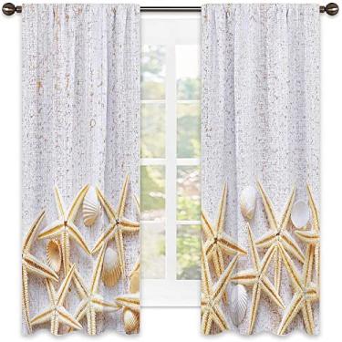 Imagem de Cortinas blackout para quarto com conchas do mar, padrão de madeira tropical para lua de mel, tema marinho, clássico, cerimônia de casamento, decoração de janela de casa, 106 x C 150 cm, pérola branca