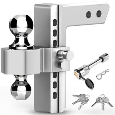 Imagem de Engate de reboque ajustável – Engate de queda Tlvuvmo de 20 cm para receptor de 5 cm, engate de montagem em esfera 5,7 kg, 5 cm e 6 cm bolas duplas de aço inoxidável, engate de reboque de alumínio com pinos antirroubo duplos