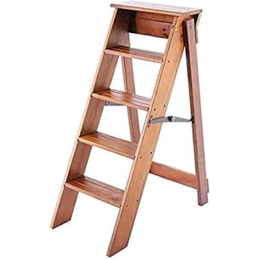 Imagem de Escadas De Madeira Tamborete Dobrável 5 Degraus, Prateleira Multifuncional Para Escada De Escalada, Para Cozinha/Escritório/Biblioteca Escada Carga Máxima 150kg, Wood Color