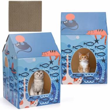 Imagem de Lawei Pacote com 2 casas de papelão para gatos com raspadinhas, casa resistente para arranhar para móveis de esconderijo interno, caixa de brinquedo fofo para aniversário de gato, cama de coelho