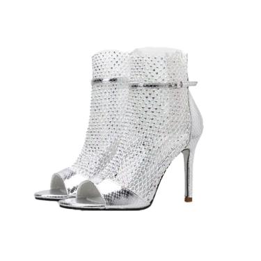 Imagem de ZUYIYIA Botas femininas de strass Peep Toe de malha stilettos cano curto moda verão bling back zíper respirável meia bota bota de peixe salto alto vestido de casamento botas de verão sandálias, Prata