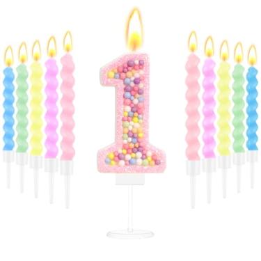 Imagem de Vela de aniversário número 1 para bolo com 10 peças de velas espirais para meninas, macaron pastel, arco-íris, unicórnio, decoração de aniversário, enfeite de bolo de princesa rosa para casamento
