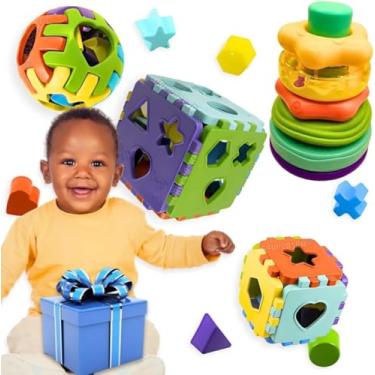 Imagem de Mix Brinquedos Educativos Bebê Kit Cubos Encaixe peças Volante Musical xilofone Escolha Seu Presente natal Ideal caranguejo fujão pinguim para banho criança 1 ano (Kit didatico)