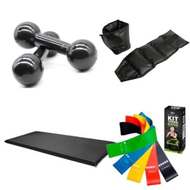 Imagem de Par Halter Peso 4 kg Emborrachado + Par Caneleira 3 kg + Colchonete preto + Kit 5 Elásticos