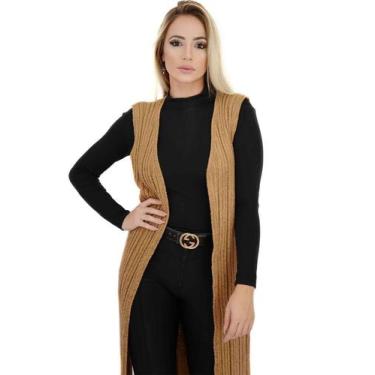 Imagem de Casaco Longo Sem Mangas Colete Trico Canelado Mousse Caramelo Livora T