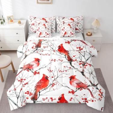 Imagem de Erosebridal Jogo de cama casal com edredom cardeal, pássaro vermelho, 7 peças, ramos de safári natural, rústico, branco e leve em uma bolsa