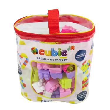 Imagem de Sacola com Blocos de Montar Cubic Jr Coloridos 80 pçs M Rosa BR2274 - Multikids